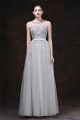 A Line Illusion Neckline Sheer Back Long Silver Tulle Floral Evening Dress With Sash