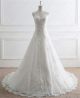 A Line Illusion Neckline Tulle Lace Beaded Pearl Wedding Dress With Buttons