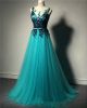 A Line Illusion Neckline Turquoise Tulle Navy Lace Prom Dress With Bow