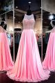 A Line Jewel Neckline Open Back Long Pink Chiffon Beaded Prom Dress