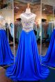 A Line Jewel Neckline Open Back Royal Blue Chiffon Beaded Prom Dress