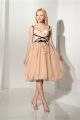 A Line Knee Length Champagne Tulle Flower Party Prom Dress With Straps