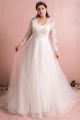 Modest A Line Long Sleeve Tulle Lace Plus Size Wedding Dress With Buttons