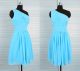 A Line One Shoulder Short Blue Chiffon Ruched Party Bridesmaid Dress