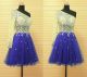 A Line One Shoulder Short Royal Blue Tulle Beaded Prom Dress With Sleeve