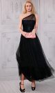 A Line One Shoulder Tea Length Black Tulle Evening Prom Dress