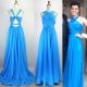 A Line Open Back Long Blue Chiffon Ruched Evening Prom Dress With Straps