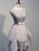 A Line Open Back Short Silver Organza Ruffle Lace Prom Dress With Bow Sash