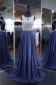 A Line Open Back Sleeveless Long Navy Blue Chiffon Beaded Prom Dress