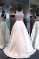 A Line Open Back Two Piece Champagne Satin Beaded Prom Dress