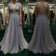 A Line Plunging Neckline Long Gray Tulle Beaded Prom Dress