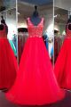A Line Plunging Neckline Open Back Red Tulle Pearl Beaded Prom Dress