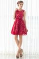 A Line Round Neck Sleeves Short Red Lace Party Prom Dress With Sash