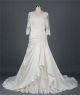 A Line Scalloped Neck Corset Back Ivory Satin Draped Wedding Dress With Lace Sleeves