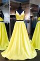 A Line Scalloped Neck Low Back Yellow Taffeta Beaded Prom Dress With Straps