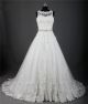 A Line Scalloped Neck Sheer Back Tulle Lace Wedding Dress With Crystals Sash