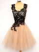 A Line Scalloped Neck Short Champagne Tulle Black Lace Prom Dress