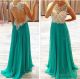 A Line Scoop Neck Backless Long Green Chiffon Beaded Prom Dress