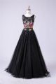 A Line Scoop Neck Black Lace Tulle Floral Applique Prom Dress With Beading