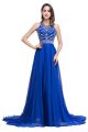 A Line Scoop Neck Cut Out Back Royal Blue Chiffon Beaded Prom Dress