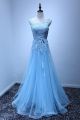 A Line Scoop Neck Long Light Blue Tulle Lace Prom Dress With Sash