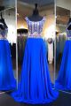 A Line Scoop Neck Long Royal Blue Chiffon Gold Beaded Prom Dress