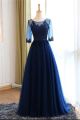 A Line Scoop Neck Navy Tulle Lace Sheer Sleeve Evening Prom Dress