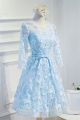 A Line Scoop Neck Light Blue Lace Prom Bridesmaid Dress With Sleeves