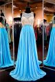 A Line Scoop Neck Open Back Long Turquoise Chiffon Beaded Prom Dress