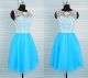 A Line Scoop Neck Short Blue Tulle Ivory Lace Prom Dress