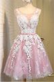 A Line Scoop Neck Short Pink Satin Ivory Lace Prom Dress Corset Back