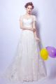 A Line Scoop Neck Short Sleeve Tulle Lace Wedding Dress Bow Corset Back