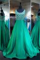 A Line Scoop Neck Sleveless Emerald Green Satin Beaded Prom Dress