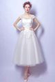 A Line Scoop Neck Tea Length Tulle Lace Outdoor Wedding Dress