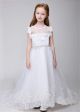 A Line Scoop Neck Tulle Lace Pearl Beaded Flower Girl Dress With Train