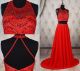 A Line Scoop Neck Two Piece Long Red Chiffon Beaded Pearl Prom Dress