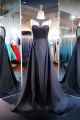 A Line Sleeveless Black Satin Tulle Lace Prom Dress See Through Back