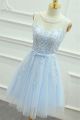 A Line Sleeveless Light Blue Tulle Lace Short Prom Dress With Sash