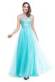 A Line Sleeveless Open Back Long Aqua Tulle Beaded Prom Dress