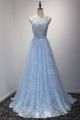 A Line Sleeveless Open Back Long Light Blue Lace Beaded Prom Dress