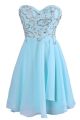 A Line Strapless Corset Short Light Blue Chiffon Embroidery Beaded Prom Dress