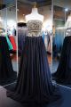 A Line Strapless Cut Out Black Chiffon Gold Beaded Prom Dress