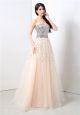 A Line Strapless Long Peach Tulle Silver Sequined Prom Dress Lace Up Back