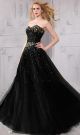 A Line Strapless Sweetheart Black Tulle Rhinestone Beaded Prom Dress Corset Back