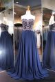 A Line Strapless Sweetheart Long Navy Blue Chiffon Beaded Prom Dress