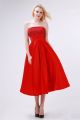 A Line Strapless Tea Length Red Silk Beaded Prom Dress