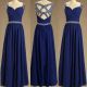A Line Sweetheart Cutouts Back Long Dark Royal Blue Chiffon Beaded Prom Dress