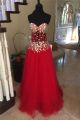 A Line Sweetheart Long Red Tulle Colorful Beaded See Through Prom Dress