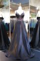 A Line Sweetheart Open Back Long Black Satin Beaded Prom Dress With Straps