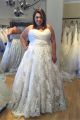 A Line Sweetheart Ruched Satin Lace Plus Size Wedding Dress With Crystals